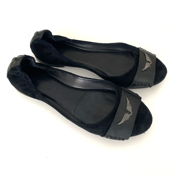 Zadig & Voltaire Ballet Flat Black Suede Round Toe Rhinestone Wings Leather 36 6 - Picture 2 of 12